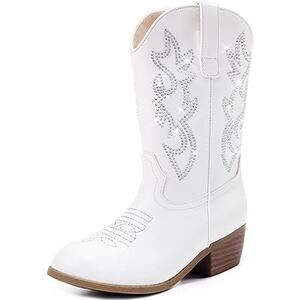 Laurmosa GIrls Size 6 White Faux Leather Silver Sparkle 1.5" Heel Cowboy Boots